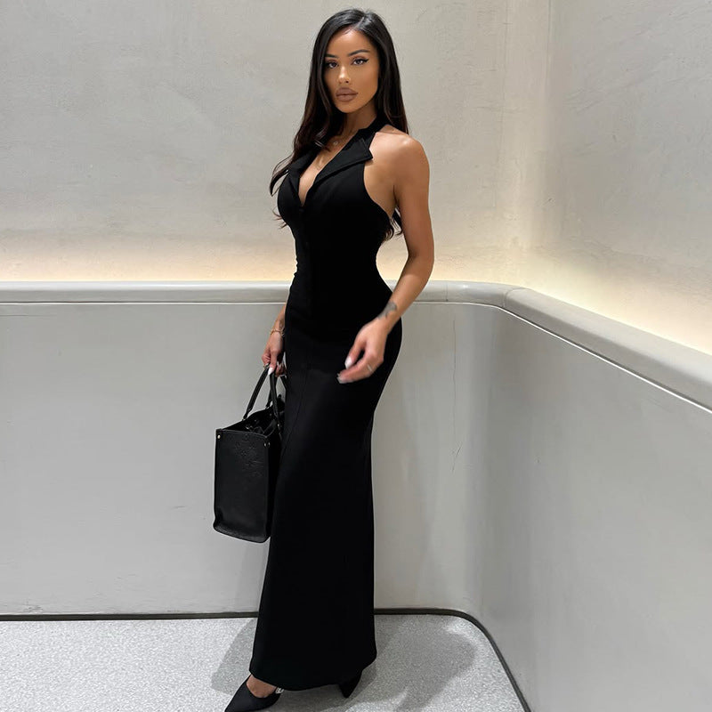 Sexy Backless Slim Fit One Step Hip Dress V neck Length Dress Women Clothing