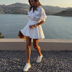 Women Clothing Casual Short A line Dress Cotton Collared 3/4 Sleeve French Shirt Dress