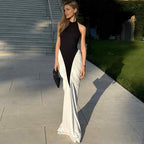 Summer Women Clothing Sexy Halter Backless Pleated Contrast Color Slim Fit Sheath Dress