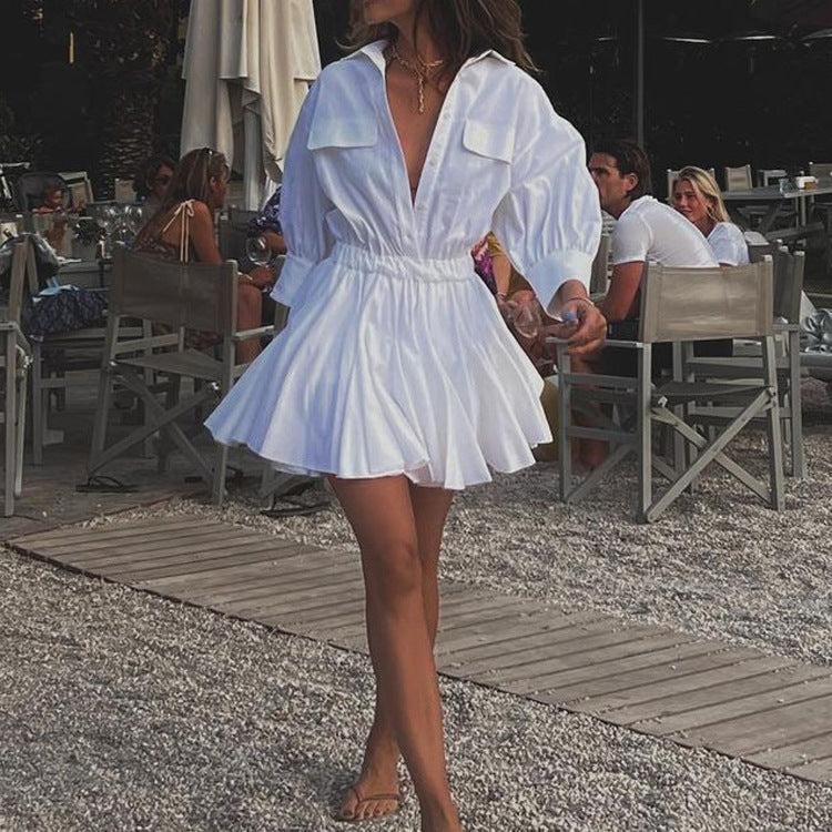 Women Clothing Casual Short A line Dress Cotton Collared 3/4 Sleeve French Shirt Dress