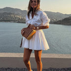 Women Clothing Casual Short A line Dress Cotton Collared 3/4 Sleeve French Shirt Dress