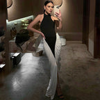 Summer Women Clothing Sexy Halter Backless Pleated Contrast Color Slim Fit Sheath Dress
