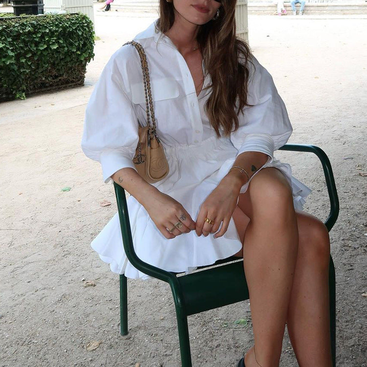 Women Clothing Casual Short A line Dress Cotton Collared 3/4 Sleeve French Shirt Dress